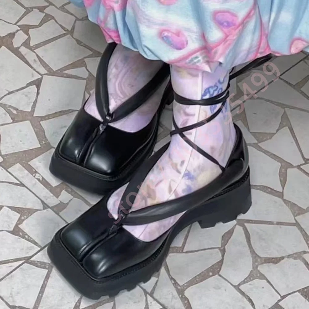 2026 Summer New Black Platform Mary Janes Women Fashion Strappy Square Toe Chunky Heel Shoes Casual & Streetwear Footwear