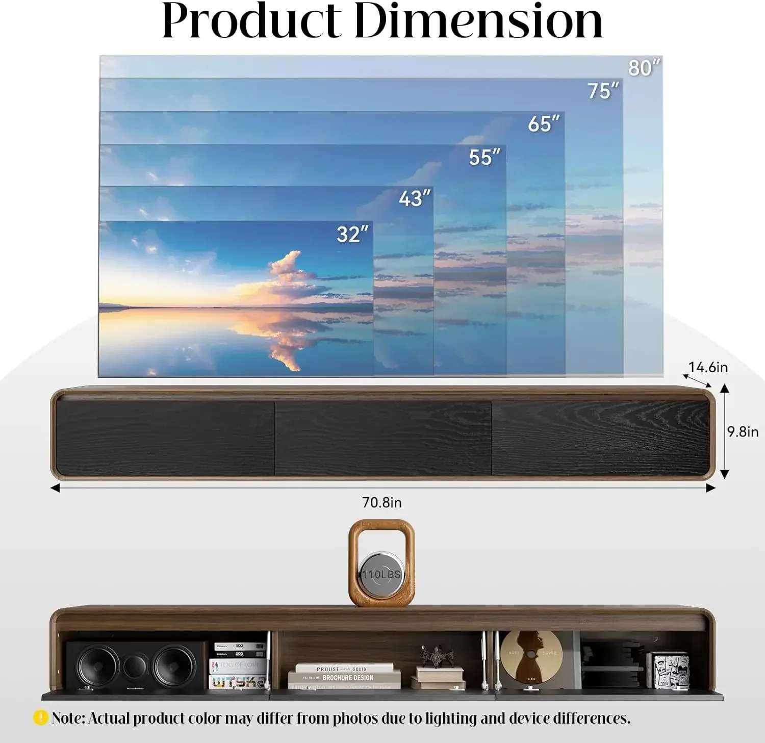 Wall Mounted Floating TV Stand Entertainment Center Walnut Black Media Console Flip Down Doors Cable Management