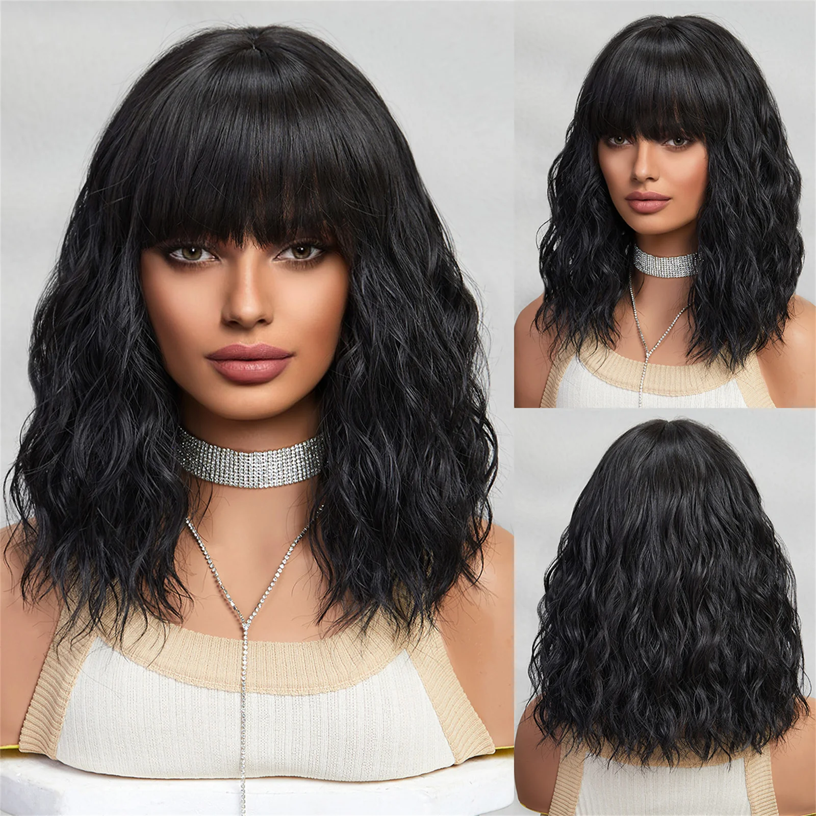 

ESIN Synthetic Black Color Wavy Bob Wigs Medium Long Loose Body Wave Wig with Bangs Cosplay Daily Natural Wigs for Women