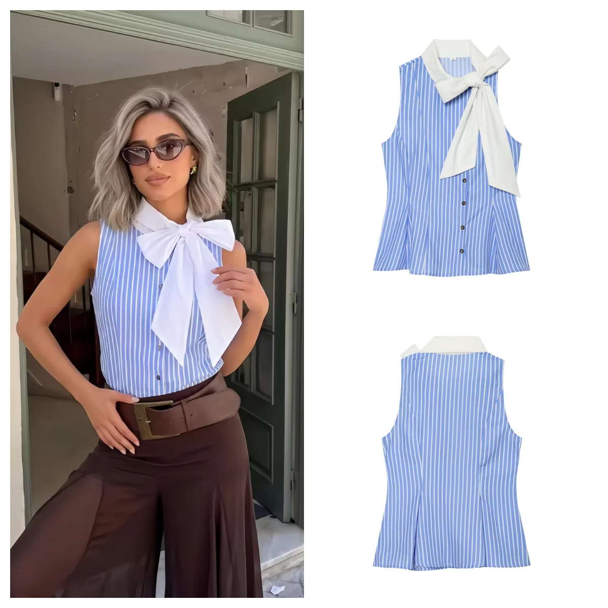 Guobioziy 2026 Summer Blue and White Stripe Halter Top Women's Bow Tie Collar Sleeveless Shirt Buttoned Hem Slim Vest For Dates