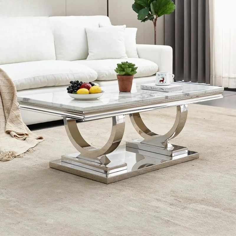 

Журнальный столик 47 дюймов с белой мраморной столешницей, современный прямоугольный журнальный столик из искусственного мрамора, роскошный белый коктейльный столик