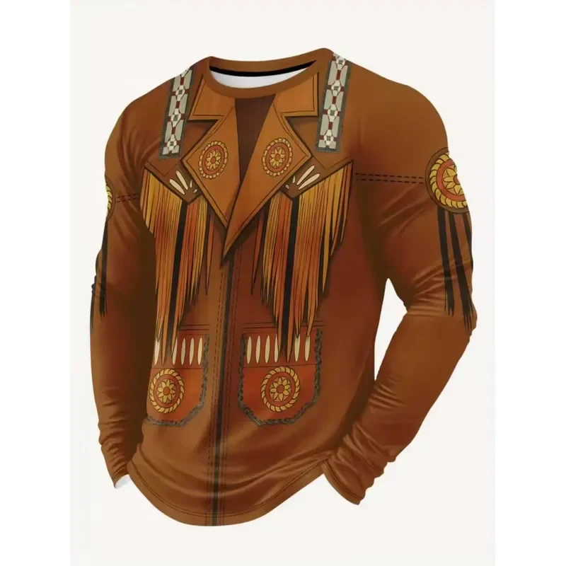 3D Print Casual Long Sleeve Men 3D Print Western Cowboy Fringe Leather Jacket Effect T Shirt Retro Ethnic Pattern Graphic