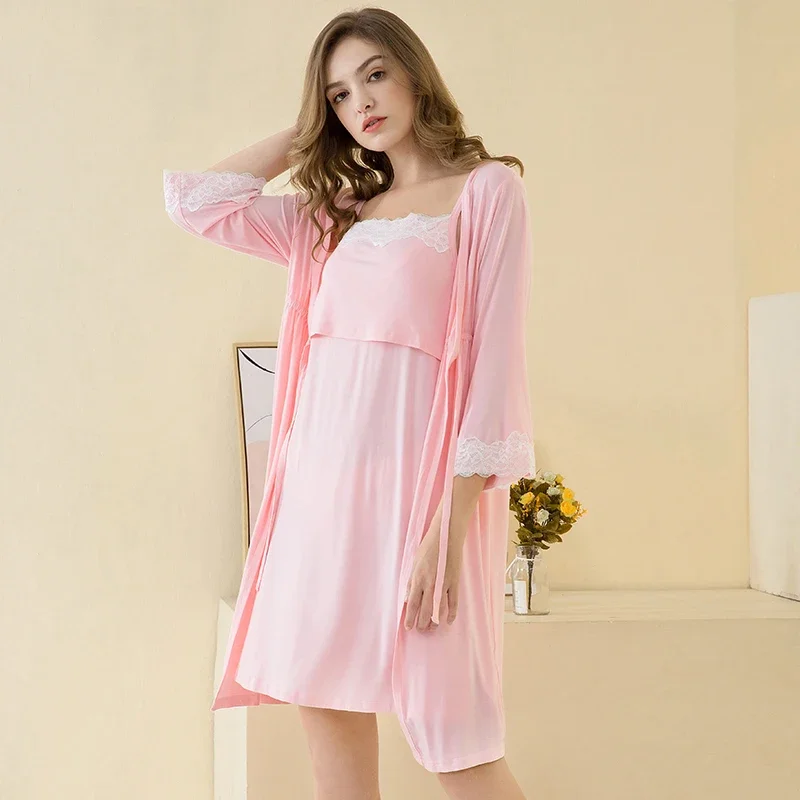 2pcs/Set Pregnancy Pajamas Sleepwear Nursing Pregnant Woman Sling Breastfeeding Nightgown Maternity Labor Dress+Robe Childbirth