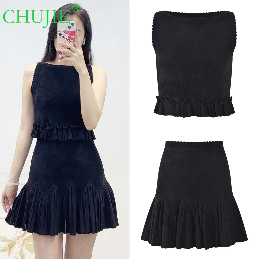 

CHUJIE 2026, ранняя весна, новый черный облегающий вязаный жилет без рукавов с рюшами и круглым вырезом, топ + юбка