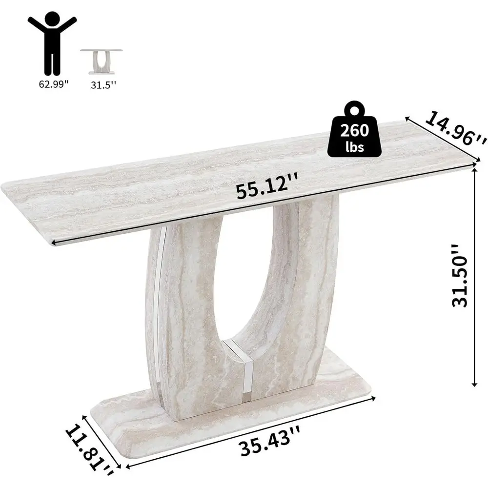 Modern Entryway Console Table, 55 Narrow Sofa Table with Faux Marble Pattern, U-Shaped Base for Living Spaces, Light Beige