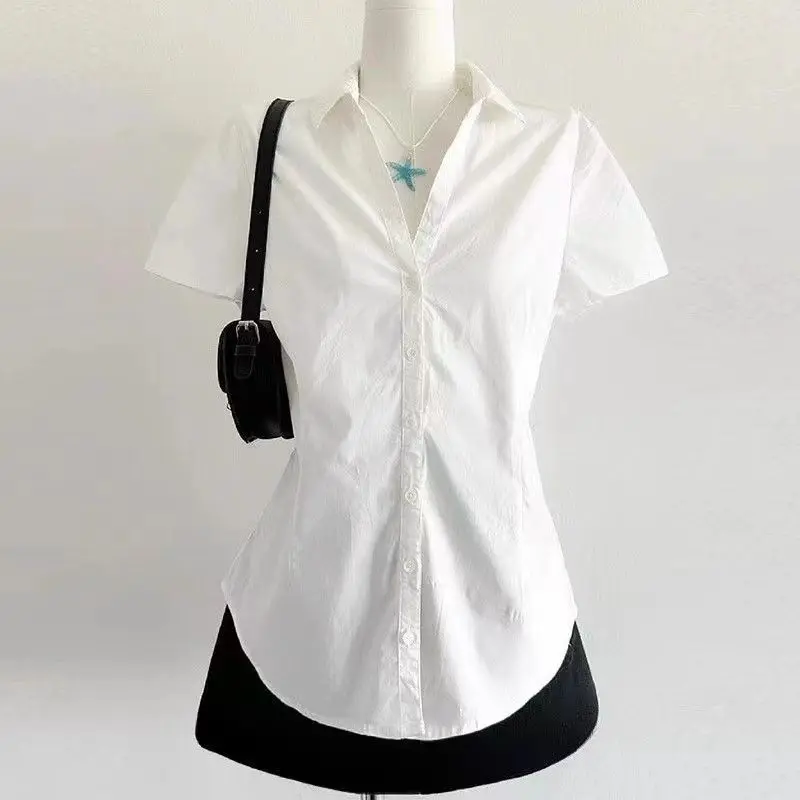 

Deeptown Preppy Style White Blouse Turn Sown Collar V Neck Short Sleeve Shirt Sweet Fashion Slim Up All Match Blouses Aesthetics