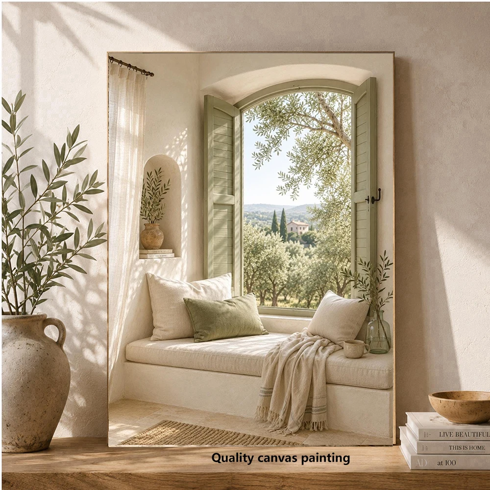 Mediterranean Olive Window Print | Sage Shutters, Reading Nook Wall Art, home living room, bedroom decor, canvas print posters,