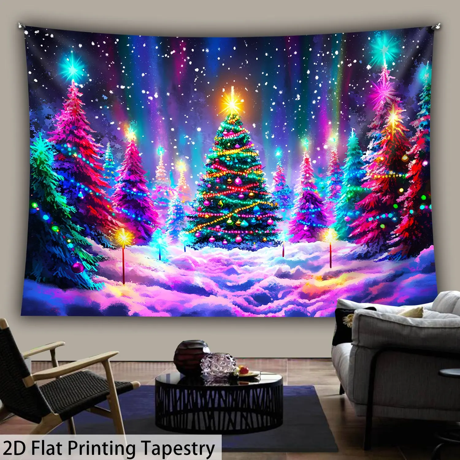 2D Flat, 1pc QD_VIVIOS Vibrant Neon Glow Christmas Tree Tapestry - Self-Lit Winter Wonderland Wall Hanging with Twinkling Lights