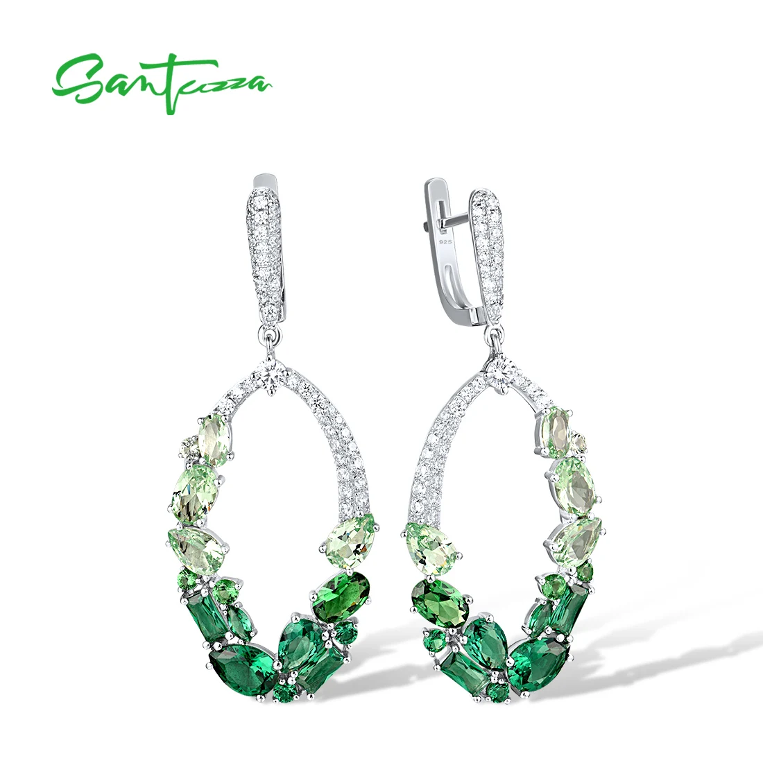 

SANTUZZA Authentic 925 Sterling Silver Dangling Earrings For Women Sparkling Green Spinel White CZ Fantastic Oval Fine Jewelry