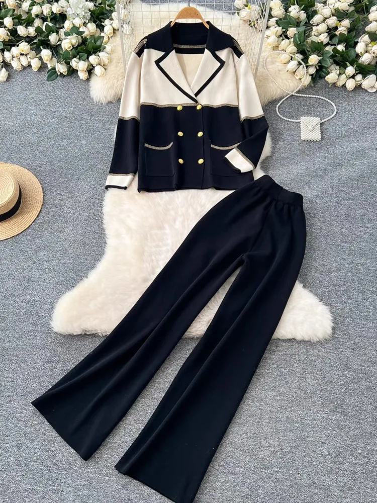 Women's Knit 2 Piece Pant Sets 2025 Spring Color-blocked Cardigan + High Waist Wide Leg Pants Suits Outfits Elegant Workwear Set