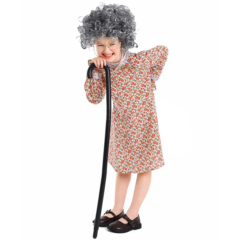 Umorden Child Kids Old Woman Lady Costume for Girls Granny Grandma Cosplay Dress Wig Crutch Glasses Full Set 4-16Y Tween & Teens