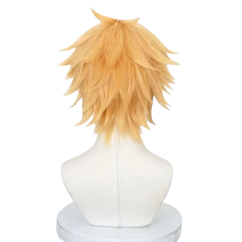 أنيمي بالمنشار دينجي شعر مستعار تأثيري الرجال النساء الذهبي الشعر القصير مقاومة للحرارة شعر مستعار اصطناعي هالوين الدعامة الطرف