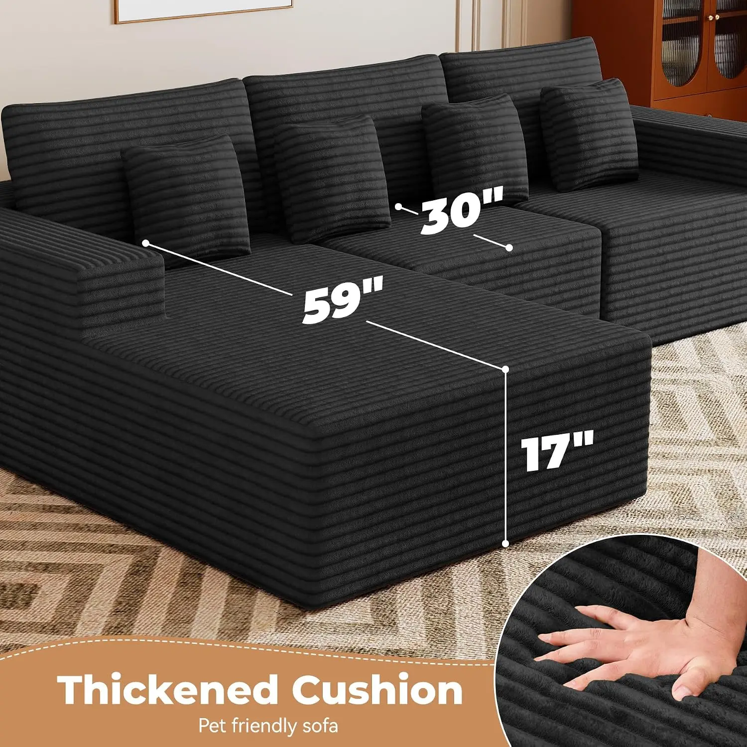 Modular L Shaped Sectional Sofa Deep Seat Chaise, Corduroy Couch Living Room & Bedroom No Assembly, Customized