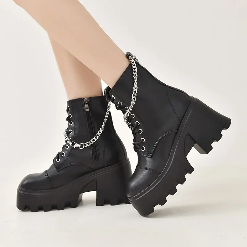 Women Fashion Platform Boots 2023 Autumn Winter Designer Gothic Zipper Ankle Boots High Heels Motorcycle Boots Bota De Vaqueiro