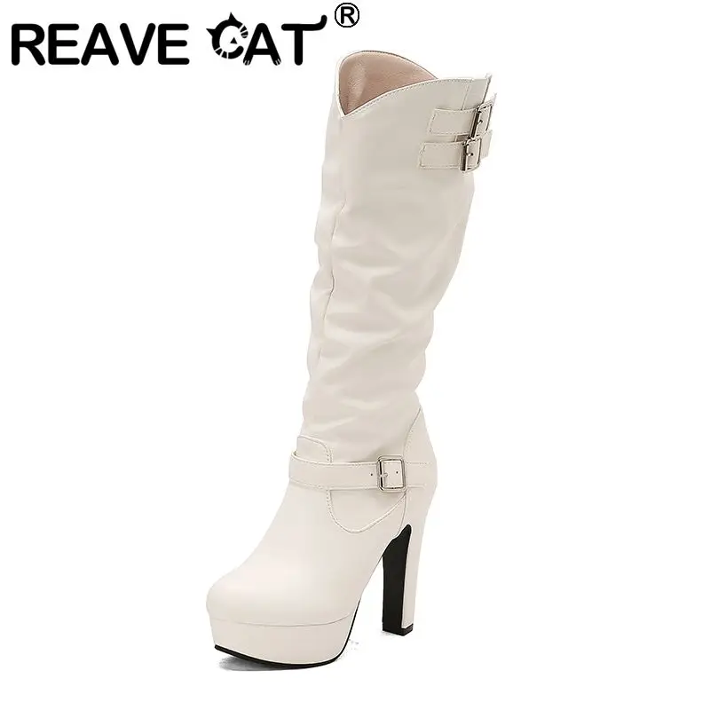 

REAVE CAT 2025 Зимние женские модные ботинки с круглым носком на блочном каблуке 12 см на платформе 3,5 см без шнуровки с металлическими украшениями, большие размеры 49 50 US18