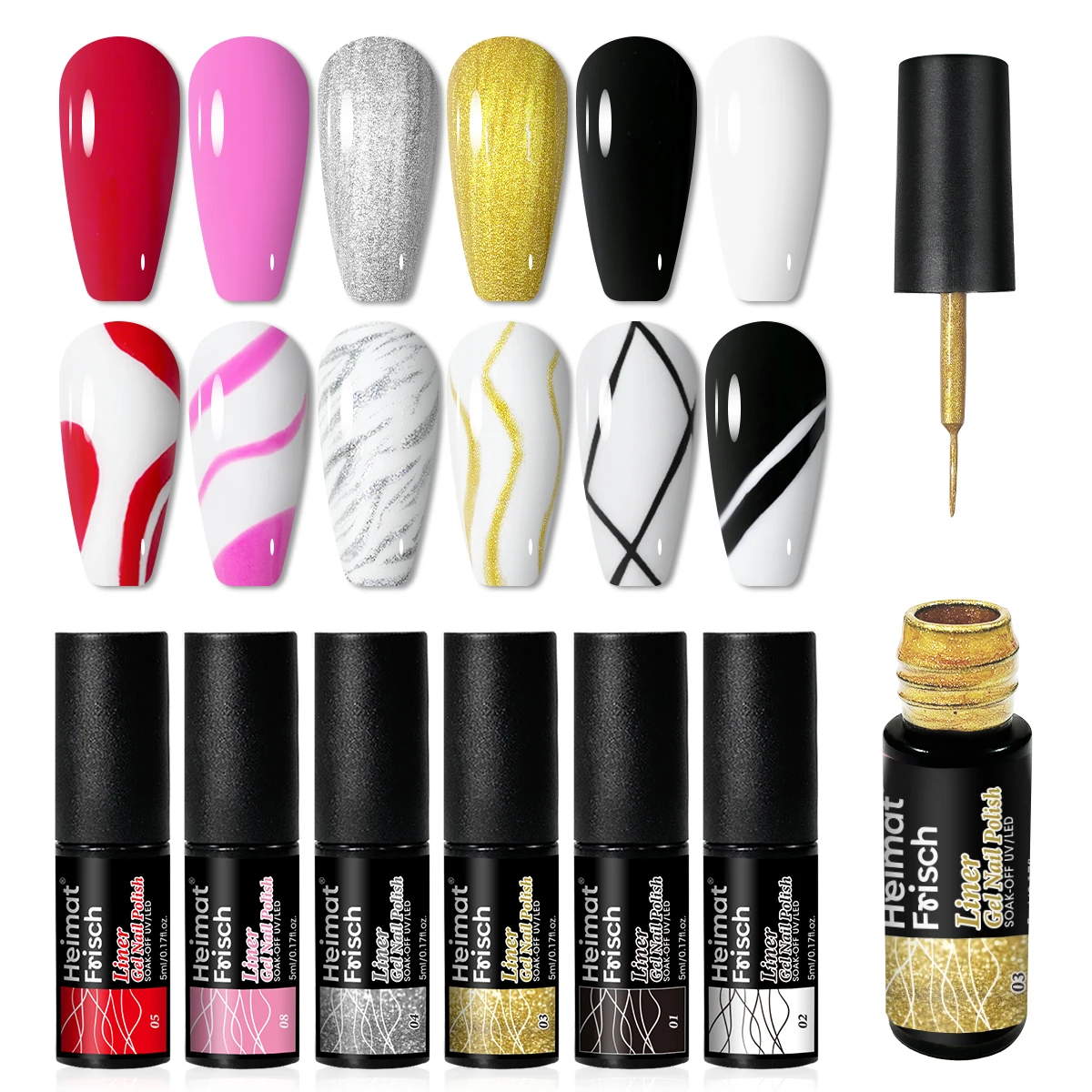 Heimat Frisch 6 Color Gel Nail Liner Set, soak-to-remove hardener, liquid form, alcohol-free, includes a fine detail brush, bl