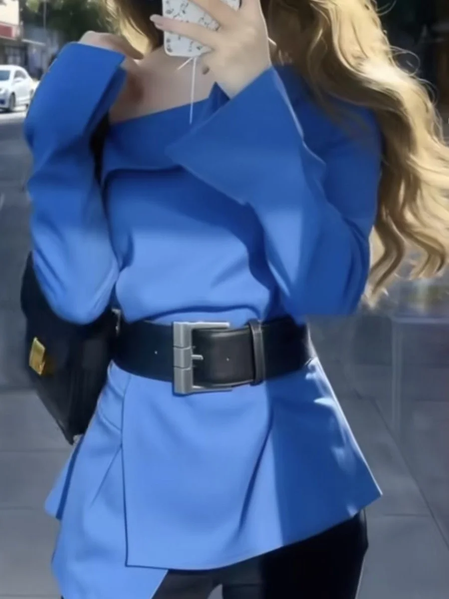 

Chic Blue One-Shoulder Shirt Women's Spring Slimming High Waist Stylish Korean Fashion Long Sleeve Comfortable Breathable