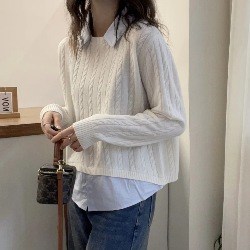 Pullovers Women Fake 2 Pieces Autumn Knitted All-match Sweaters Classic Keep Warm Daily Свитер Женский Pleated Hot Sale Design