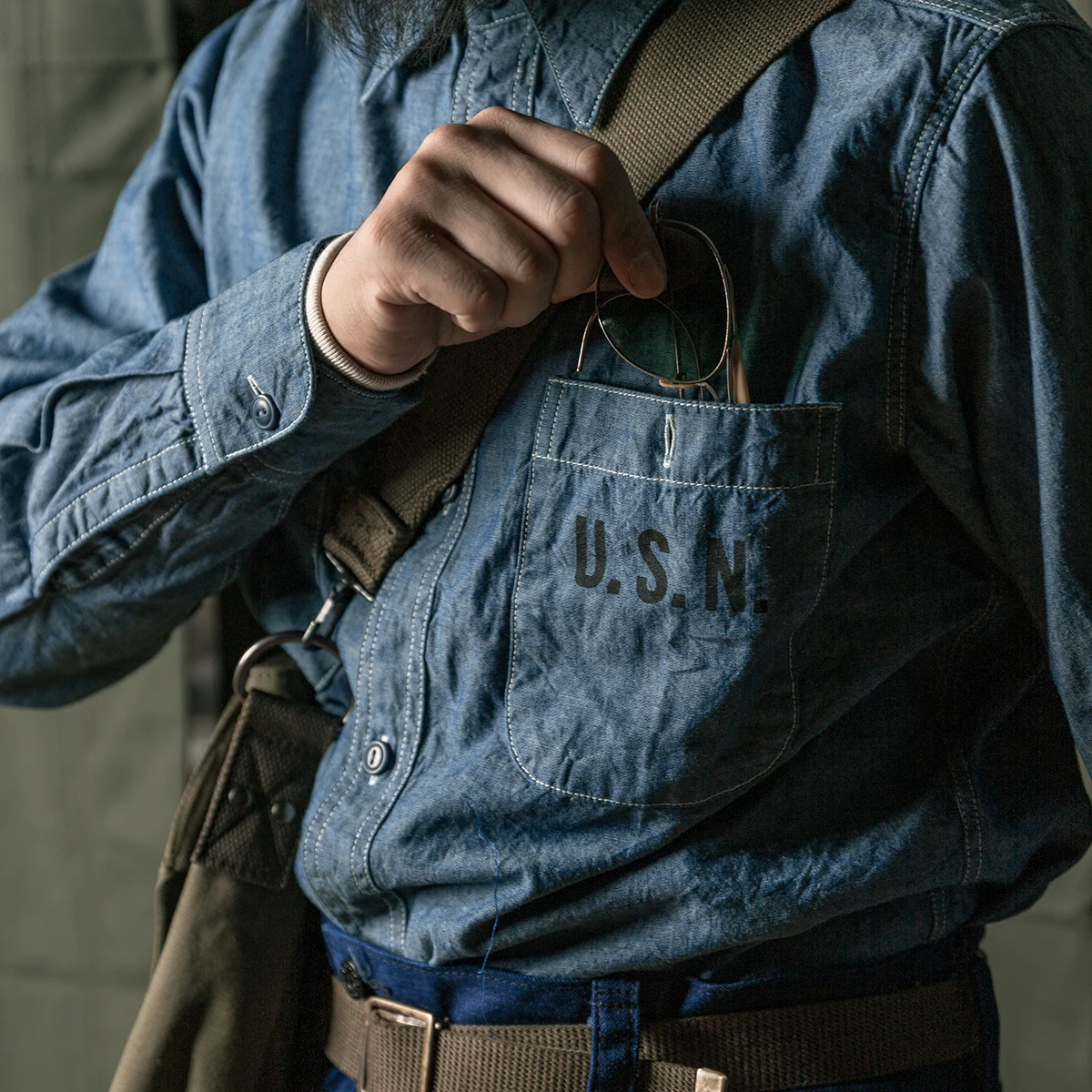 Bronson USN Selvedge Chambray Work Shirt Naval Long Sleeve Utility Shirt Blue