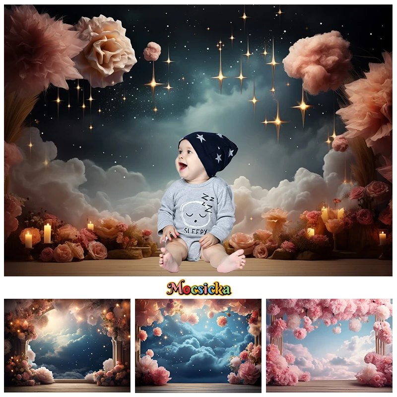 

Sky Clouds Background For Photography Baby Shower Girl Children Valentine Day Love Backdrop Decor Pink Rose Flower Photo Studio