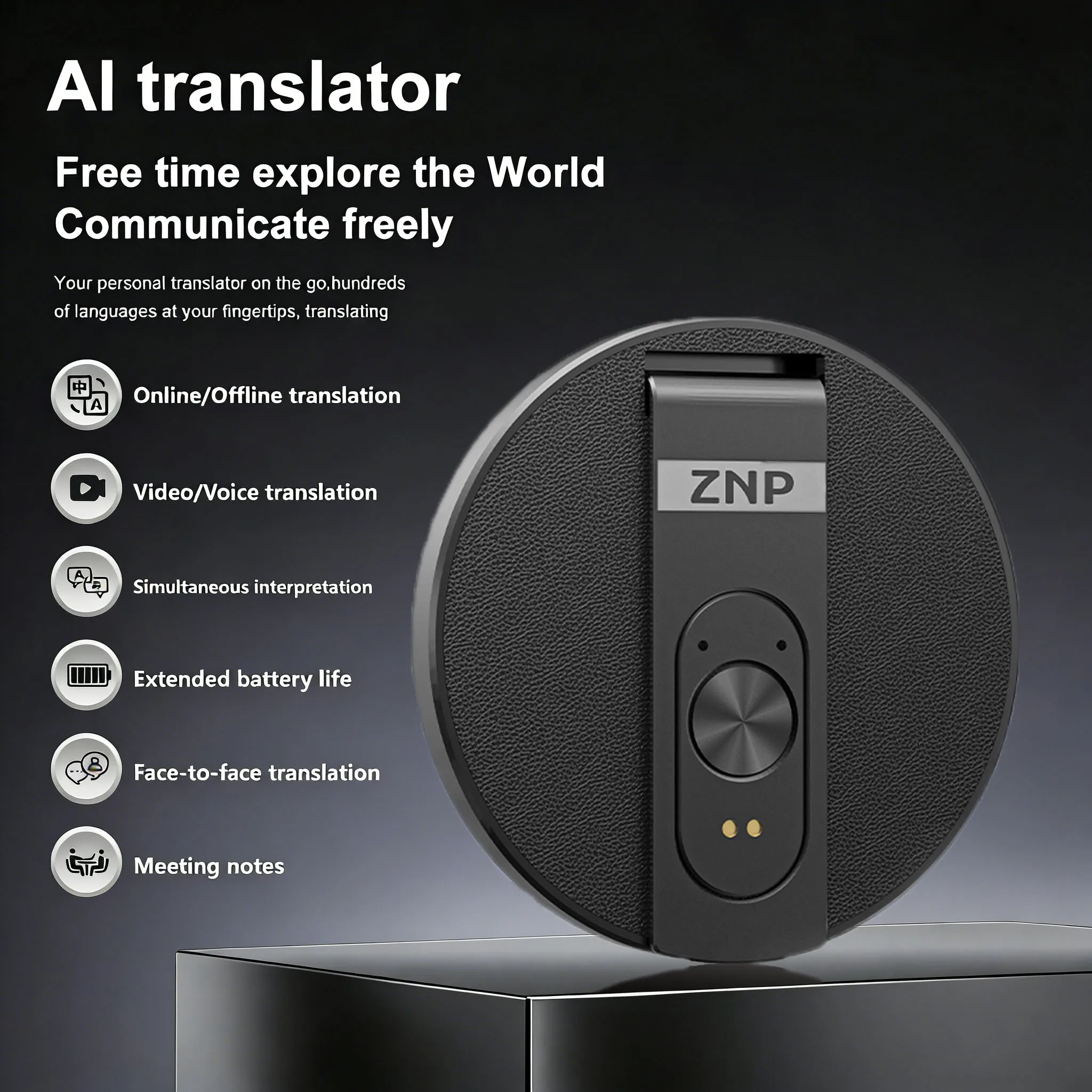 

Wireless Bluetooth AI Voice Translator ZNP Magnetic Ultra-thin 150+ Languages Portable Phone Stand Supports Offline For Office