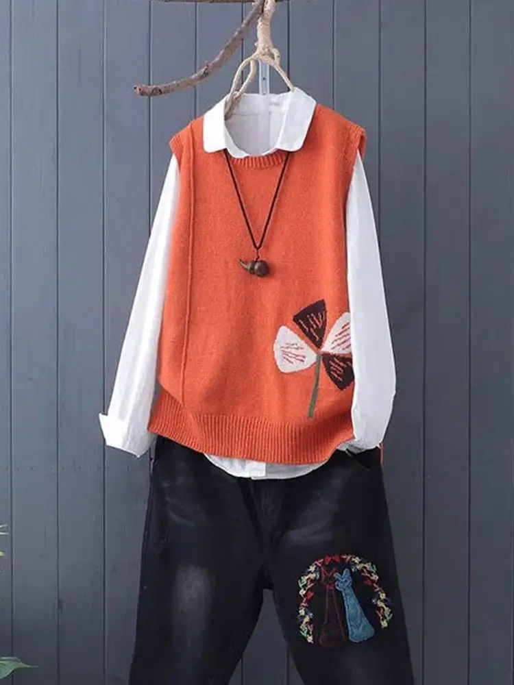 Women's Knitted Short Vest Loose Fit round Neck Embroidered Top Spring Autumn New Style Korean Version Knitwear Shortie