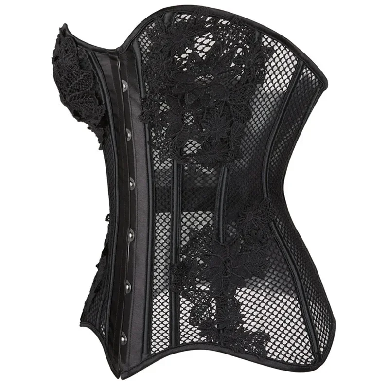 Women Sexy Mesh Hollow Out Corset Floral Lace Up Boned Bustier Overbust Body Shaper Lingerie Bodyshaper Corselet Top