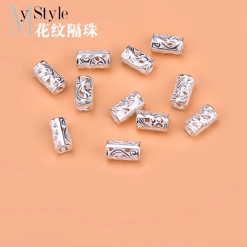 10pcsS925 Sterling Silver pattern hollow bead long barrel bead loose bead hand woven jewelry DIY accessories material bag