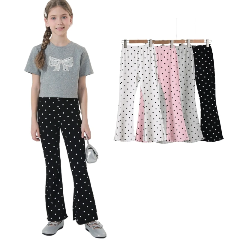 Girls Flared Leggings Dot Printed Summer Pants Thin Cotton Toddler Long Pants Casual Elastic Waist Kids Trousers Children Clothe