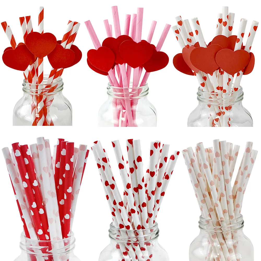 25/50/100 Stück Valentinstag-Partygeschenke, Papierstrohhalme, rotes Liebesherz, biologisch abbaubare Trinkhalme für Valentinstag-Hochzeitsdekorationen – Detail 2