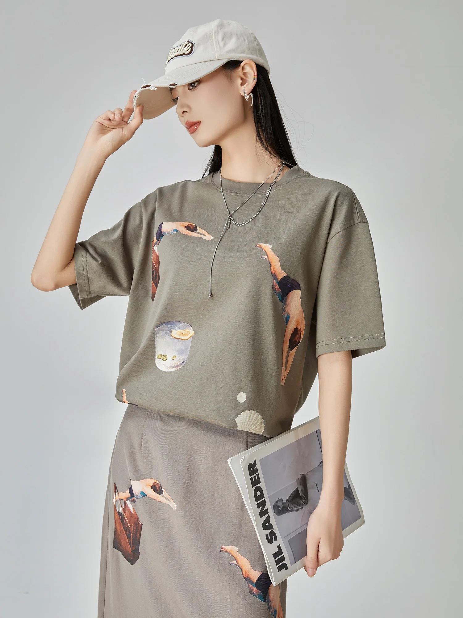 

American Retro Print Short Sleeve T-Shirt Skirt Set Women Summer New High Sensation Casual Versatile Two Piece Set