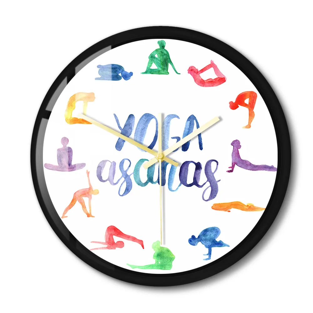 Yoga Asanas Modern Design Wall Clock Home Decor Woman Fitness Pilates Poses Water Color Printed Wall Clock Silent Sweep Watch