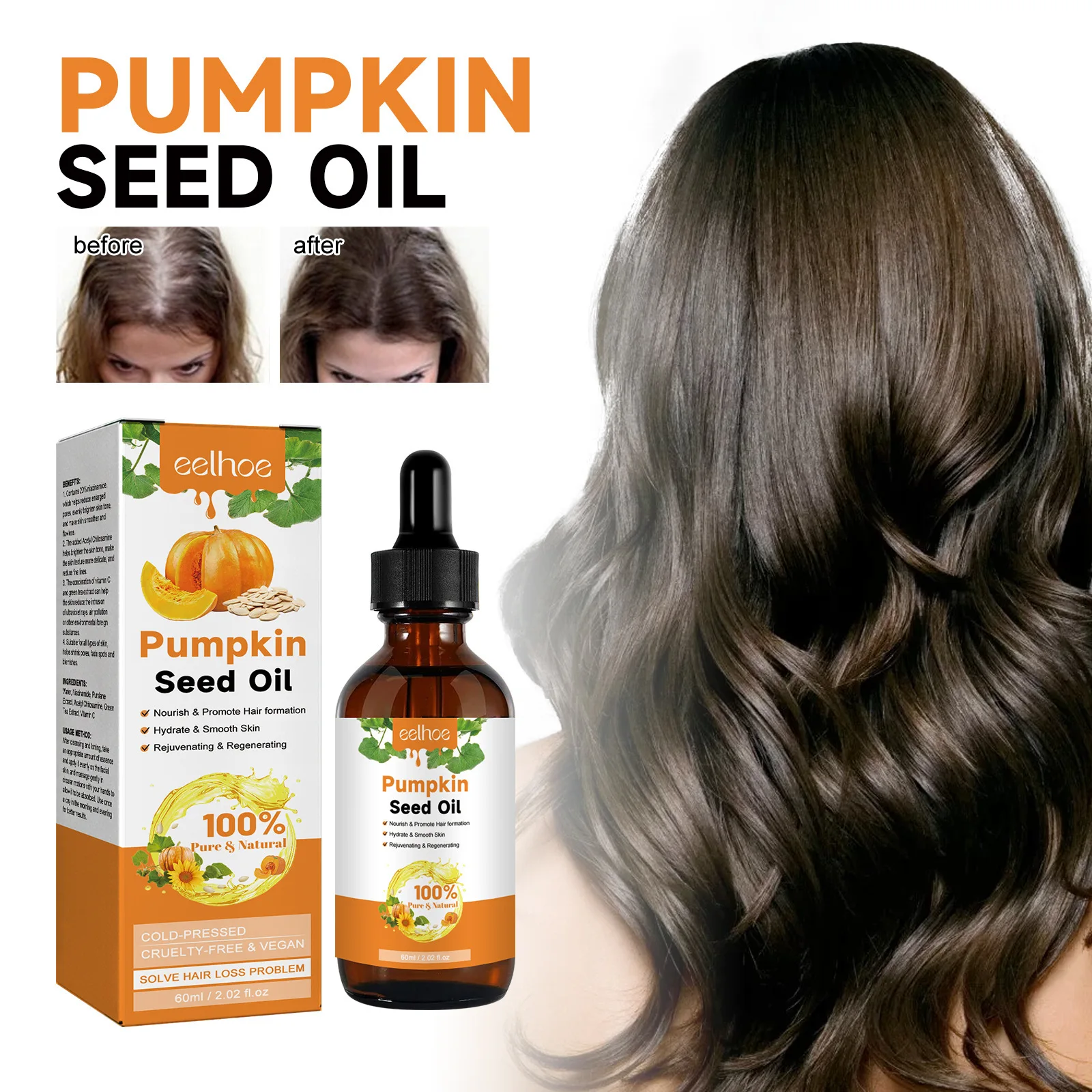 

60ml Eelhoe Pumpkin Seed Oil Moisturizing Repair Hair Root Dense Hairs Solid Hair Soft Strong Hair Care Growth Essential Oil