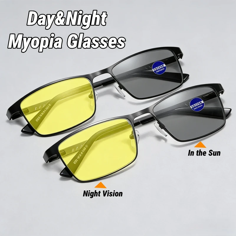 

Day-Night Dual-Use Metal Half-Frame Myopia Night Vision Glasses Photochromic UV Protection Business Glasse Night Driving Eyewear