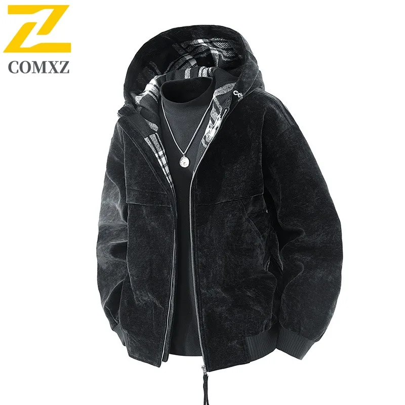 

COMXZ 2025 Mens Twill Wool Blend Jacket Premium Texture Flannel Checkerboard Pattern Vintage Style Autumn Winter Outerwear Coat