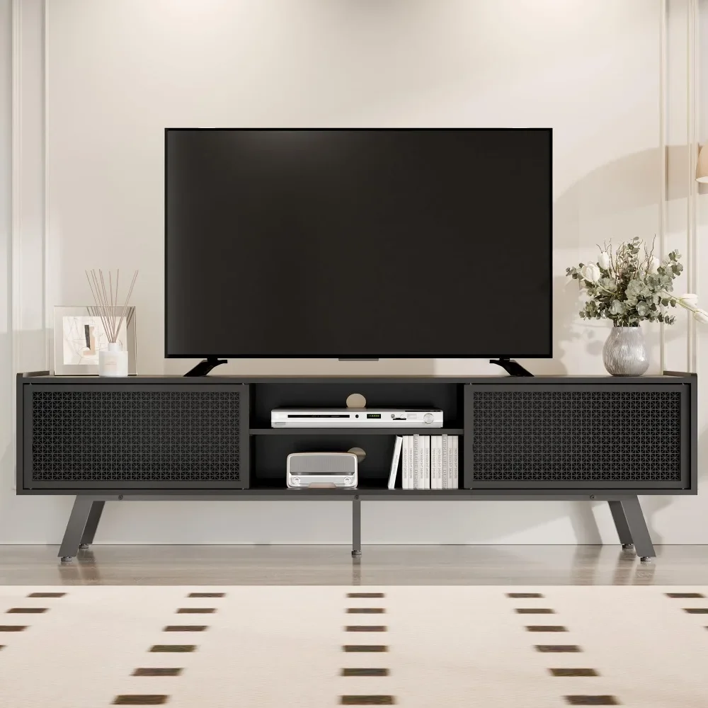 Black TV Stand for TVs Up to 70 Inch, Modern Iron Rattan TV Console Table with Sliding Door