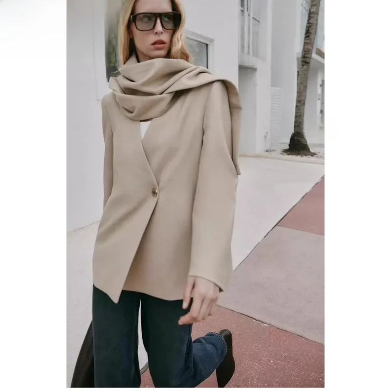 Early Spring Double-Breasted Long Sleeve Suit Jacket No Collar Flip Closure Scarf Neckline Classic Style Women's Fashion