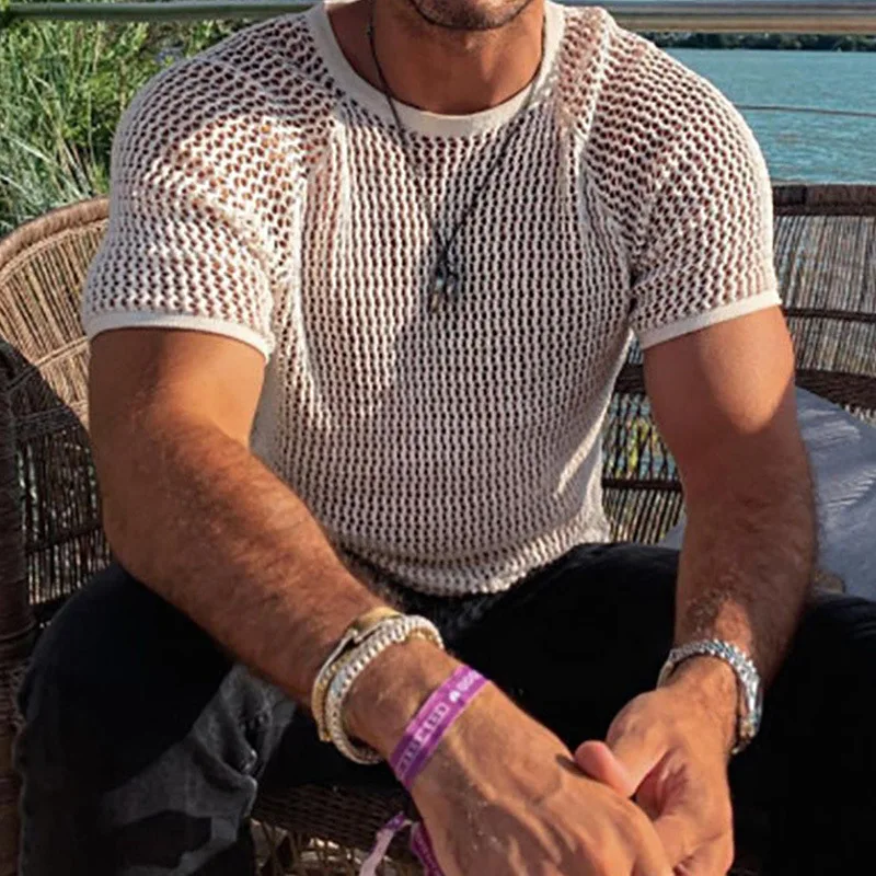 Summer New Knitted Sweater Solid Color Round Neck Short Sleeve Hollow Knitted T-shirt Men's Clothing