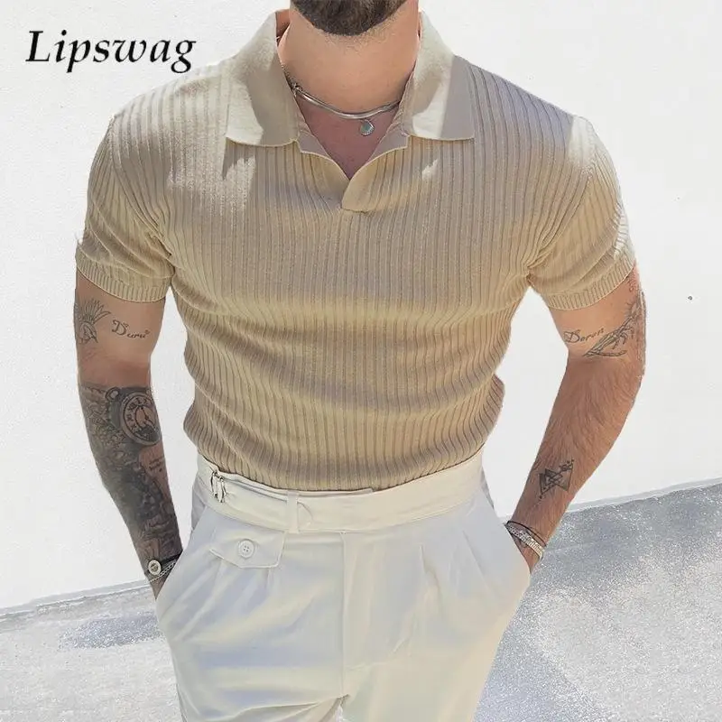 

Summer Casual Knitting Polo Shirts Men Slim Fit Short Sleeve Polo Collar Knit Tops Mens Vintage Solid Color Ribbed Knitted Polos