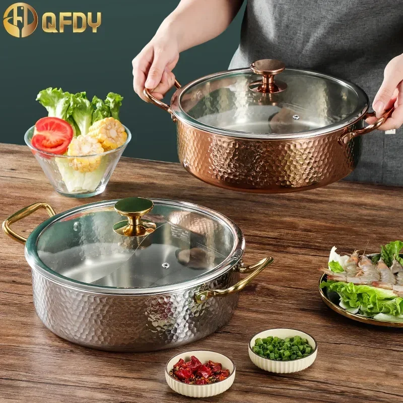 

Commercial double flavor hot pot 304 stainless steel hot pat Italian manual hammer printing pot 3-layer steel clear soup pot