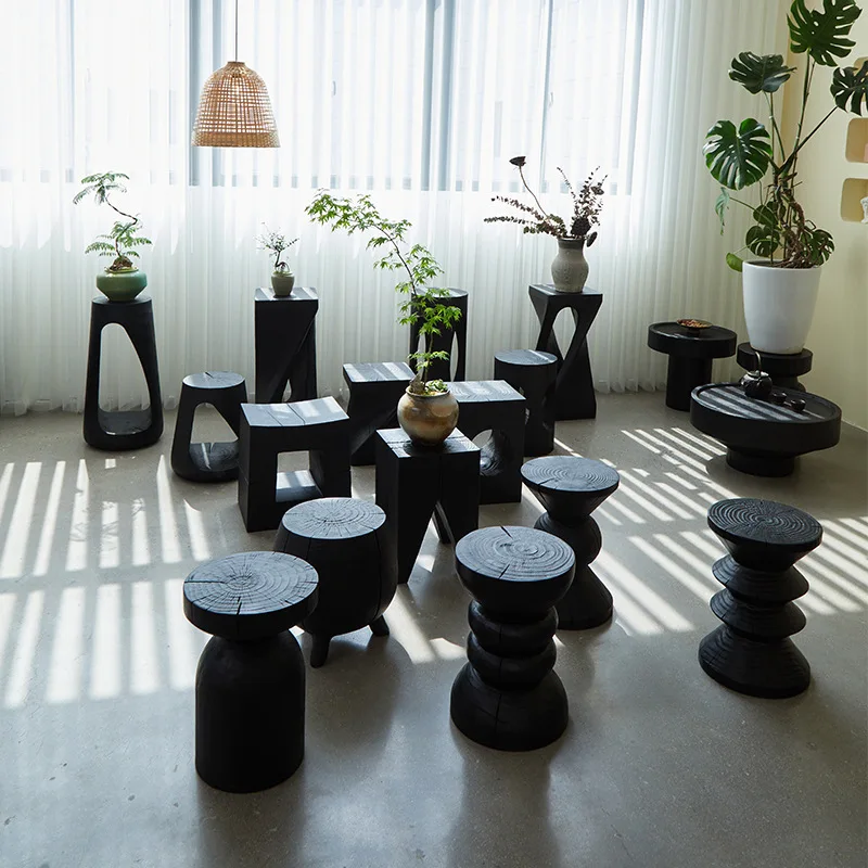 New Chinese Style Solid Wood Geometric Creative Design Wooden Stake Root Carved Stump Carbonized Black Stool Homestay Side Table