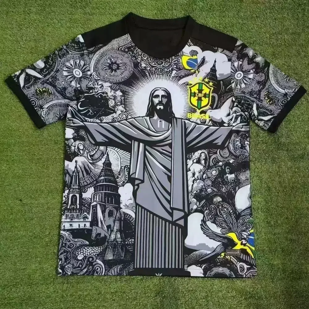 Fan Edition Brazil Black and Gray Special Edition Football Jersey Sportswear Men's Short Sleeve Men's Round Neck