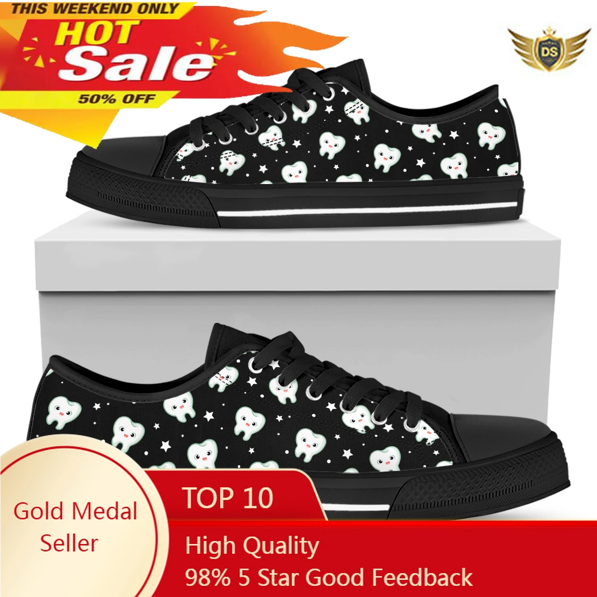 Black Cartoon Teeth Color Sneaker For Women Cute Pattern Gothic Girls Casual Vulcanized Shoes Low Top Canvas Shoe