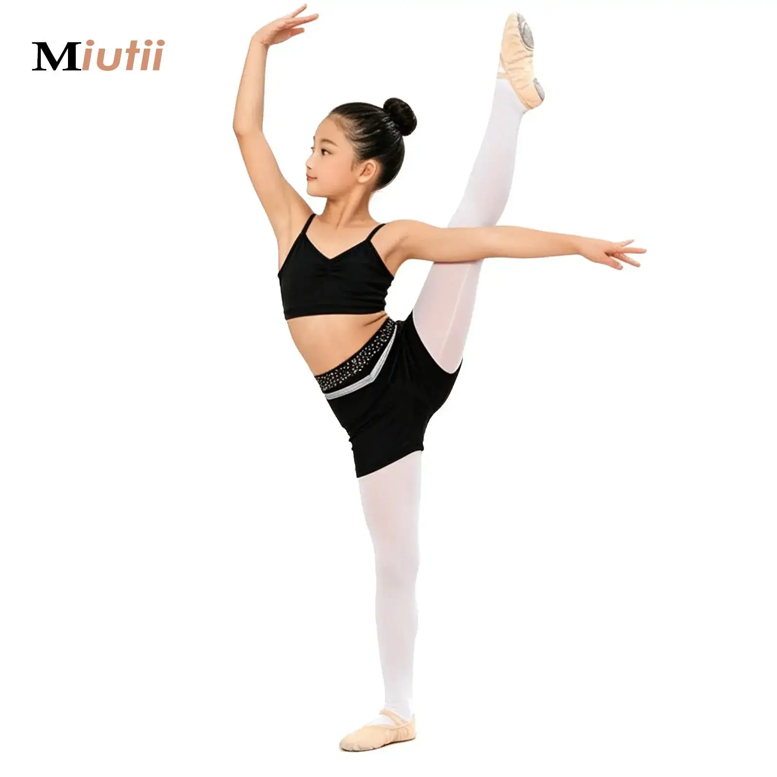 

Kids Girls Sparkling Rhinestone Rhythmic Gymnastics Costume Elastic Waistband Shorts Ballet Dance Figure Skating Costumes