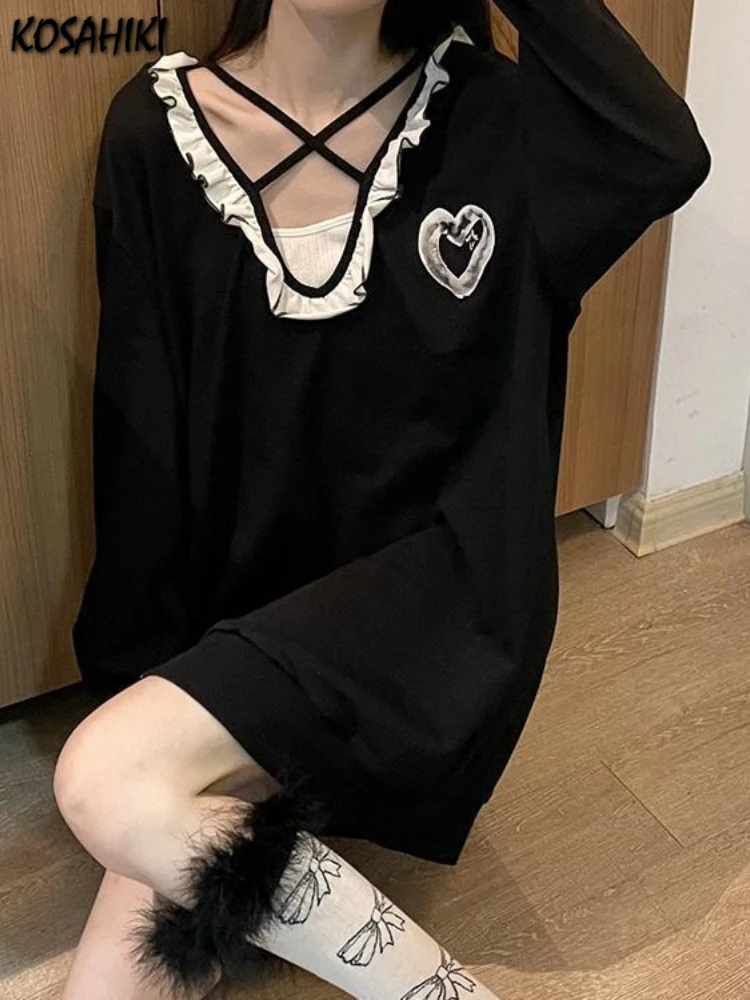 

2025 Two Pieces Set Y2k Aesthetic Harajuku Oversized Patchwork Ruffled Hoodies Femme Solid Grunge Drawstring Crop Vest Top Women