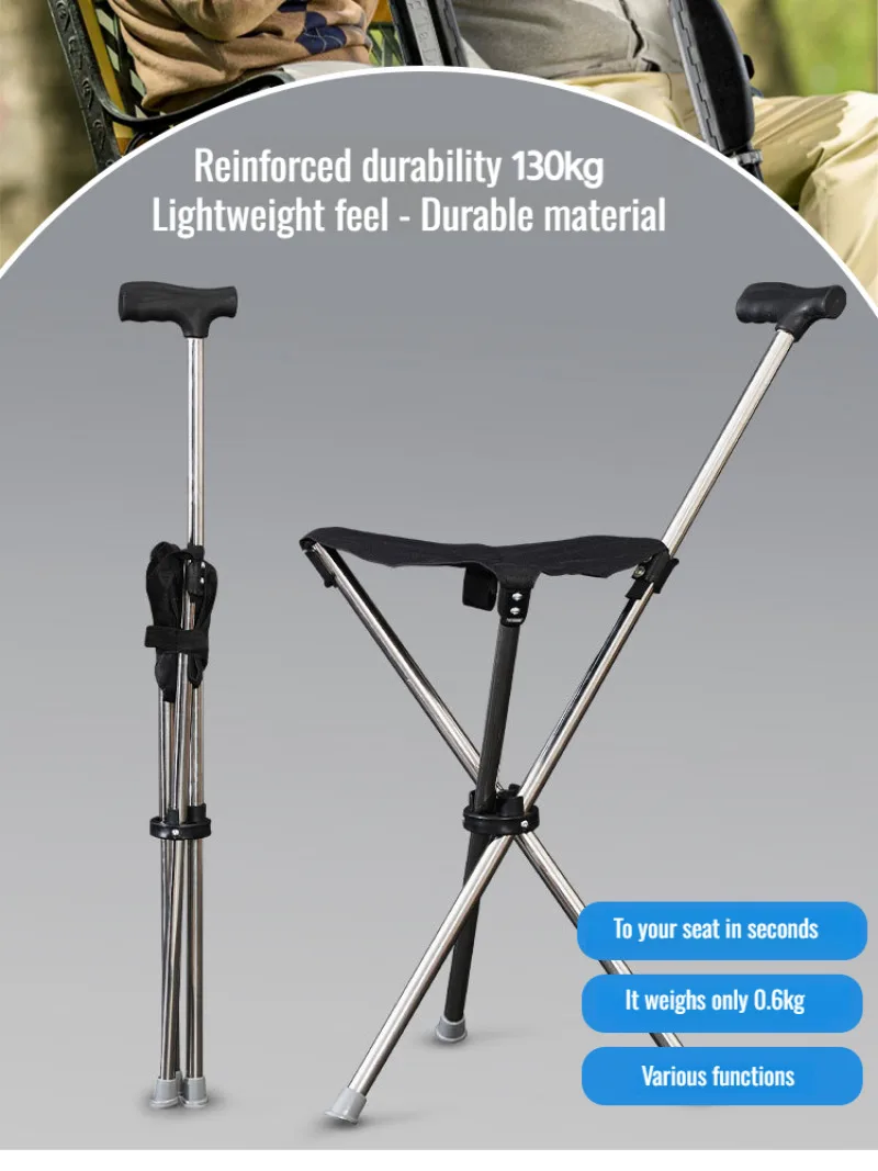 Outdoor Collapsible Cane Chair Elderly Walking Stool Light Mountaineering Cane Aluminum Alloy Foldable Walking Cane with Seat