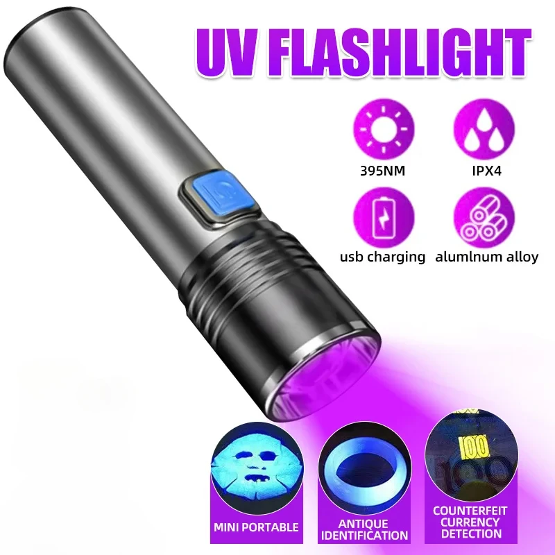 395nm UV Flashlight Blacklight Zoomable USB Rechargeable UV Light Ultraviolet Flashlight for Pet Urine Detector Resin Curing