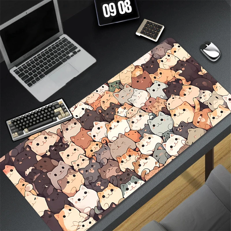 

Игровой коврик для мыши с прошитыми краями, нескользящей резиновой основой, милым мультяшным котом, удлиненный настольный коврик для клавиатуры и мыши для офиса и дома