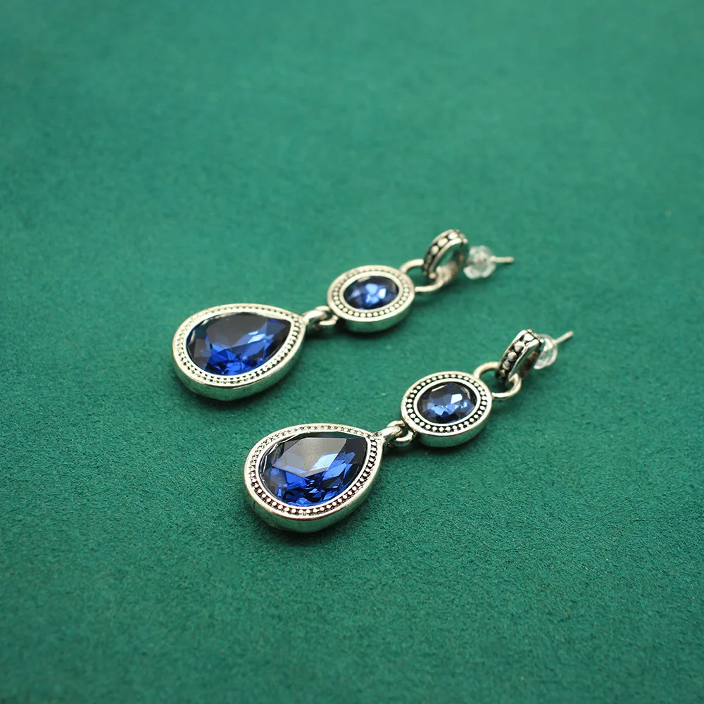 Autumn and Winter New Product Earrings Silver Retro Ink Blue Water Drop Ear Jewelry Double-sided Wearing Earrings