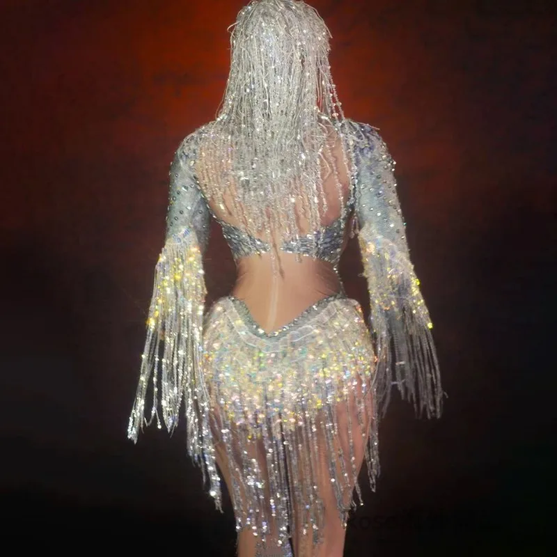 Seksowny strój tancerki Gogo, kombinezon z frędzlami i cekinami, strój do występów w klubie nocnym, barze, na festiwal, imprezę rave, błyszczący kostium yj730